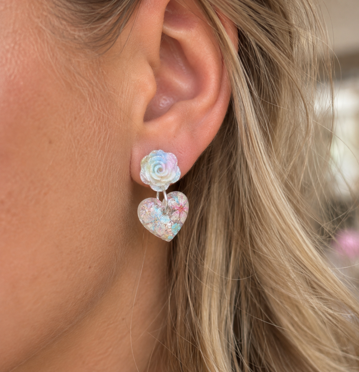 Fairy Dust Rose Heart Drop stud earrings.