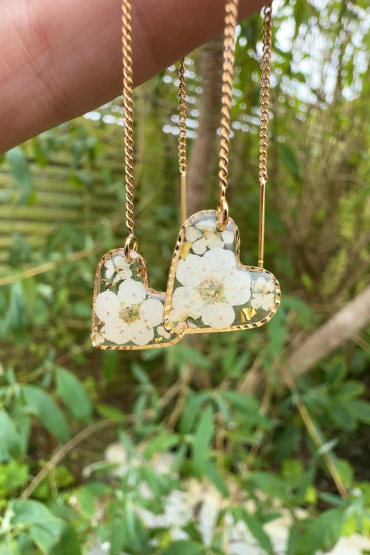 Gold ‘Pure Love’ White flower heart Thread Through earrings.