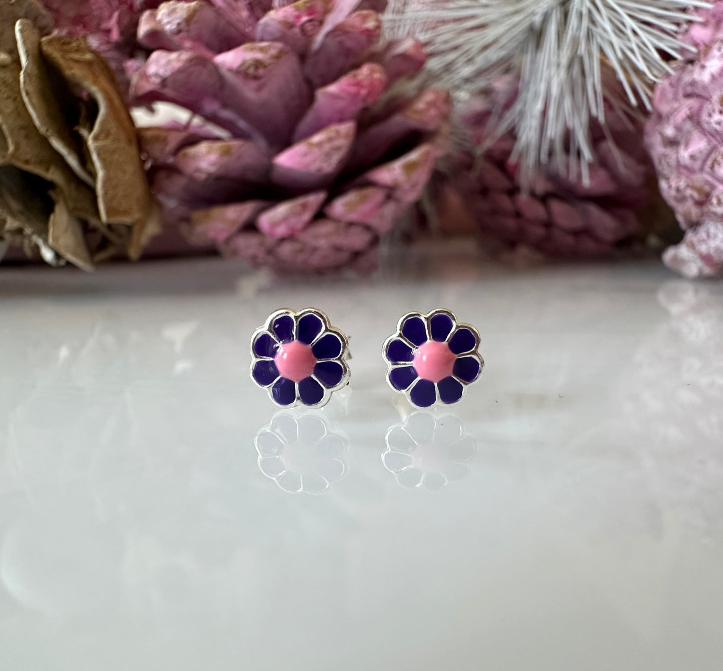 Kooky Kids Dark Purple pink Flower sterling silver earrings