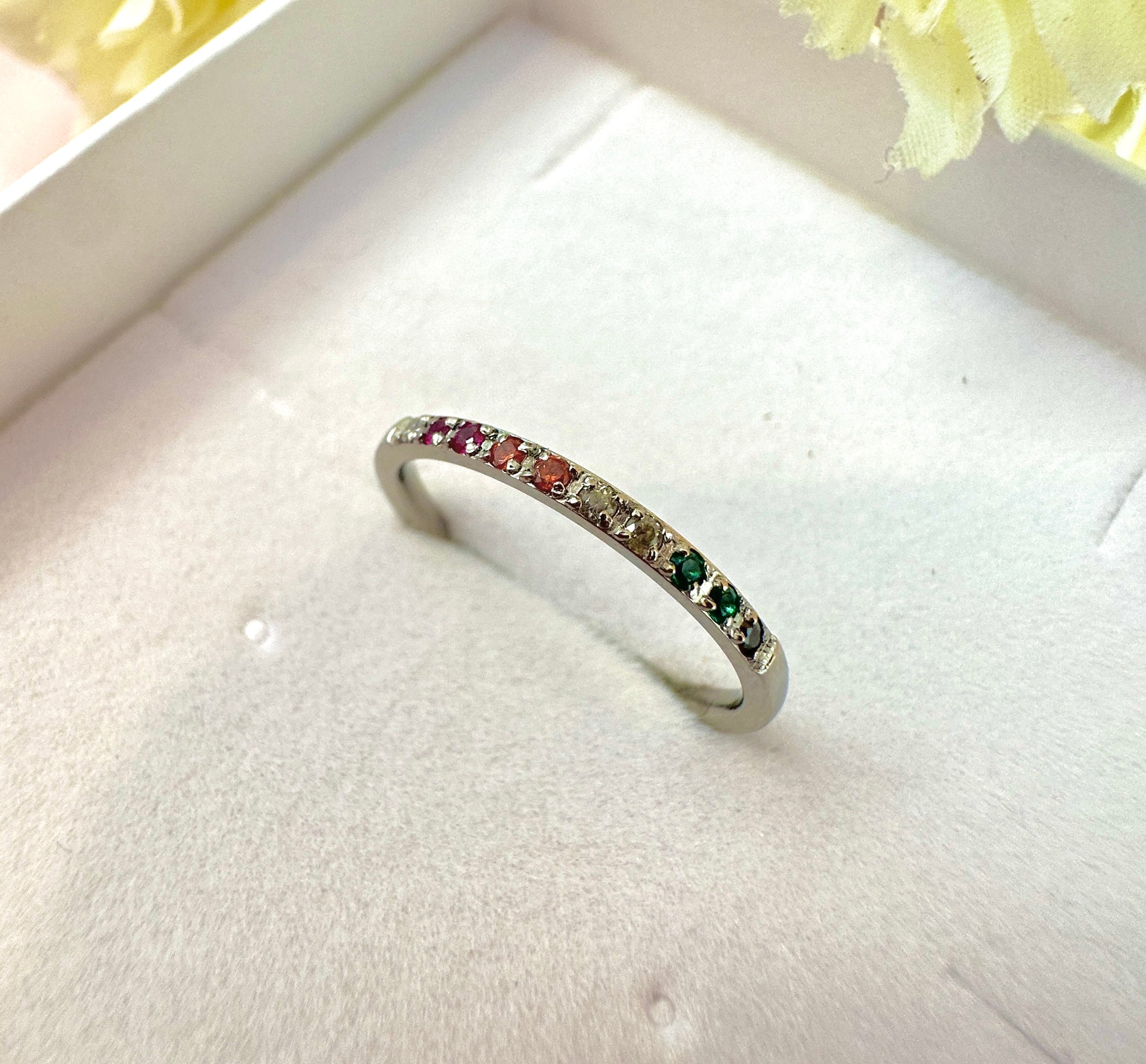 Silver Tiny rainbow stone ring.