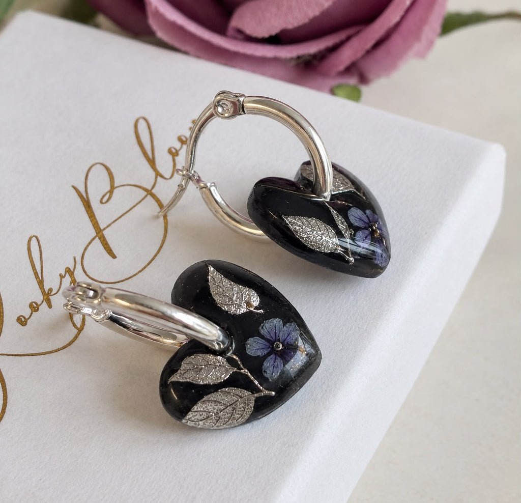 Mini Mystical Dark Bloom Heart Hoop earrings.