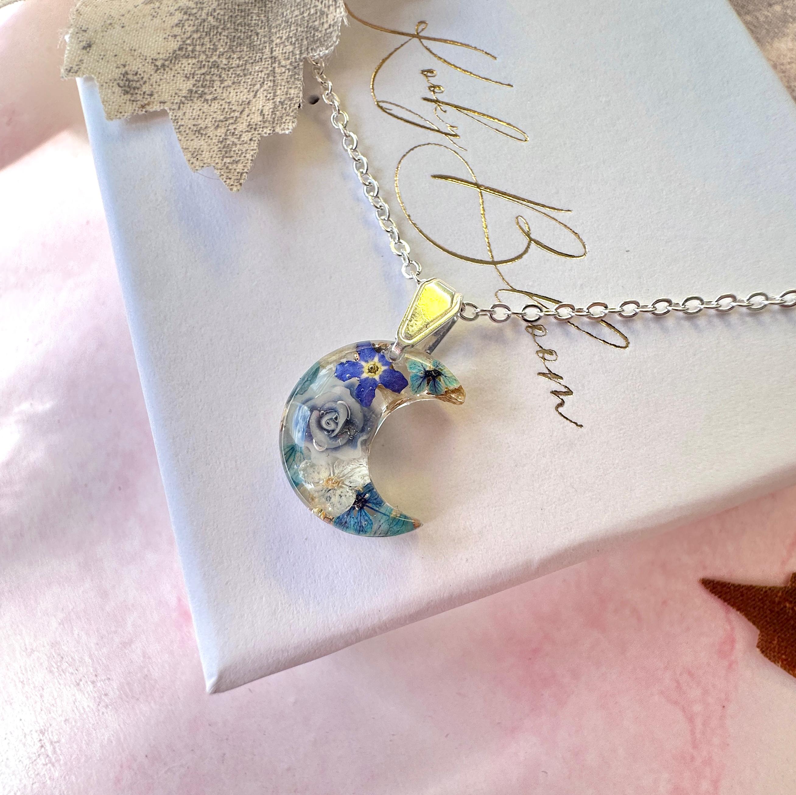 Silver Blue Moon Forget me nots flower Necklace
