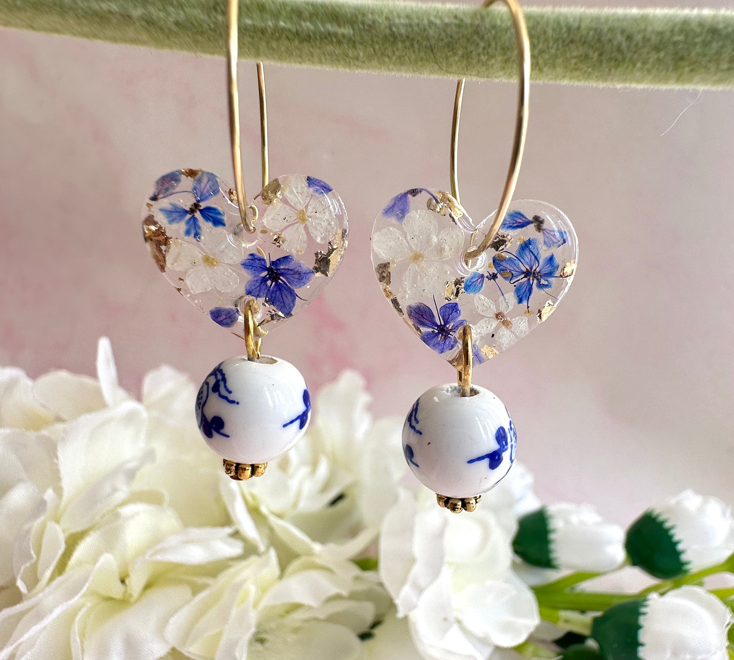 Ceramic Blue willow bead Flower Heart hoop earrings.