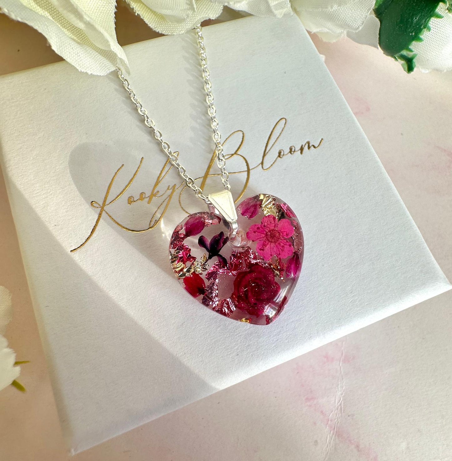 Silver Magenta Rose Love Heart necklace