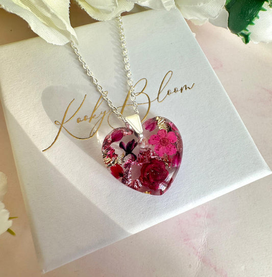 Silver Magenta Rose Love Heart necklace