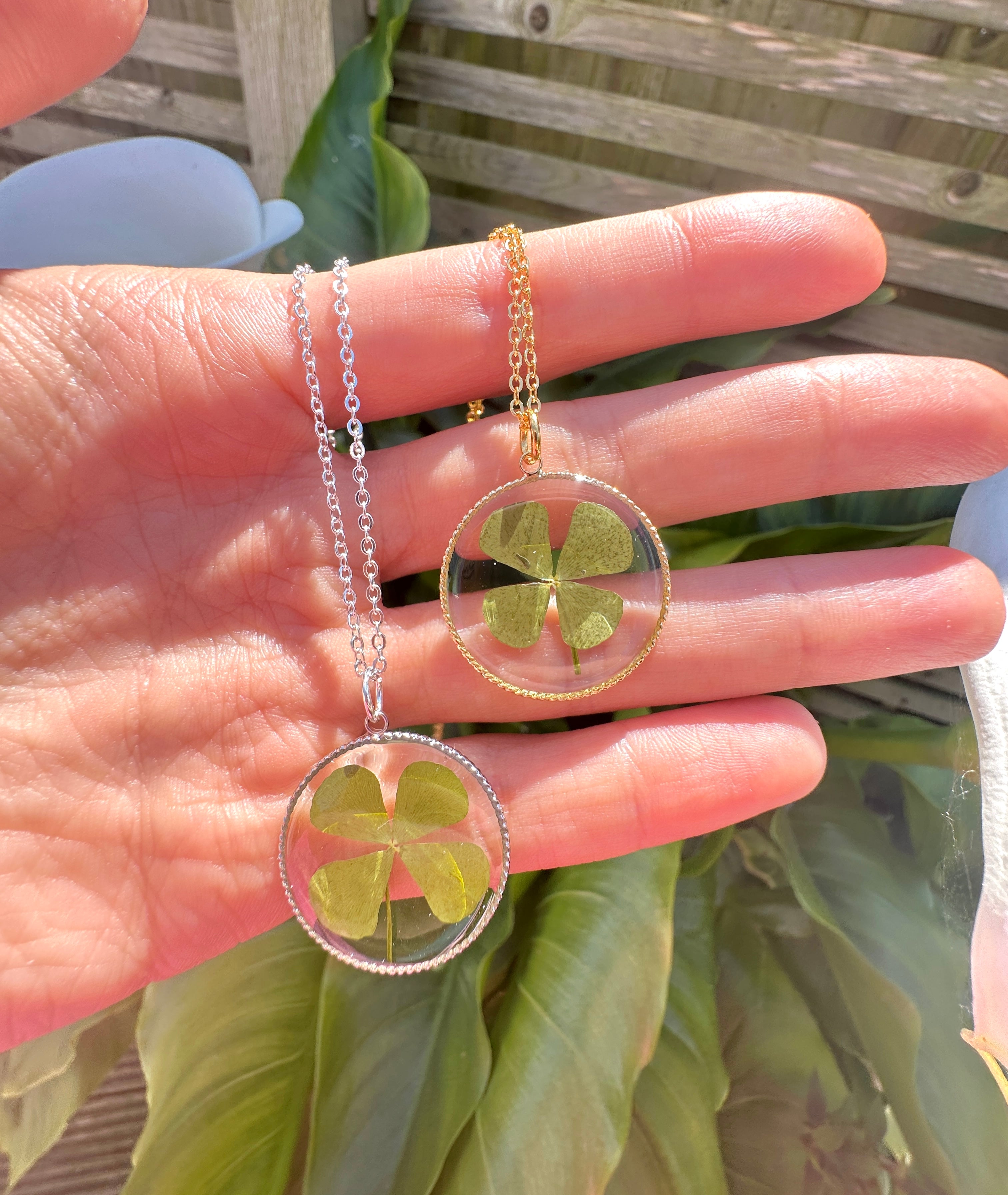 Silver Lucky four leaf clover necklace.