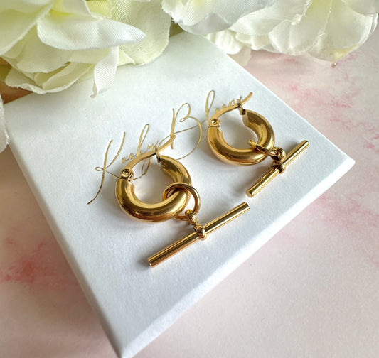 Gold T-Bar Hoop earrings.