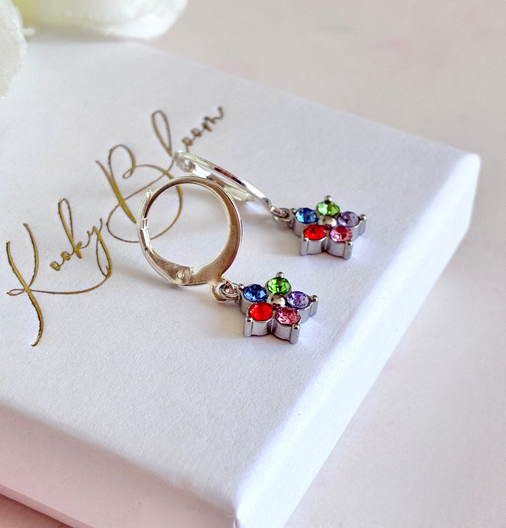Silver Multicoloured stone Flower huggies