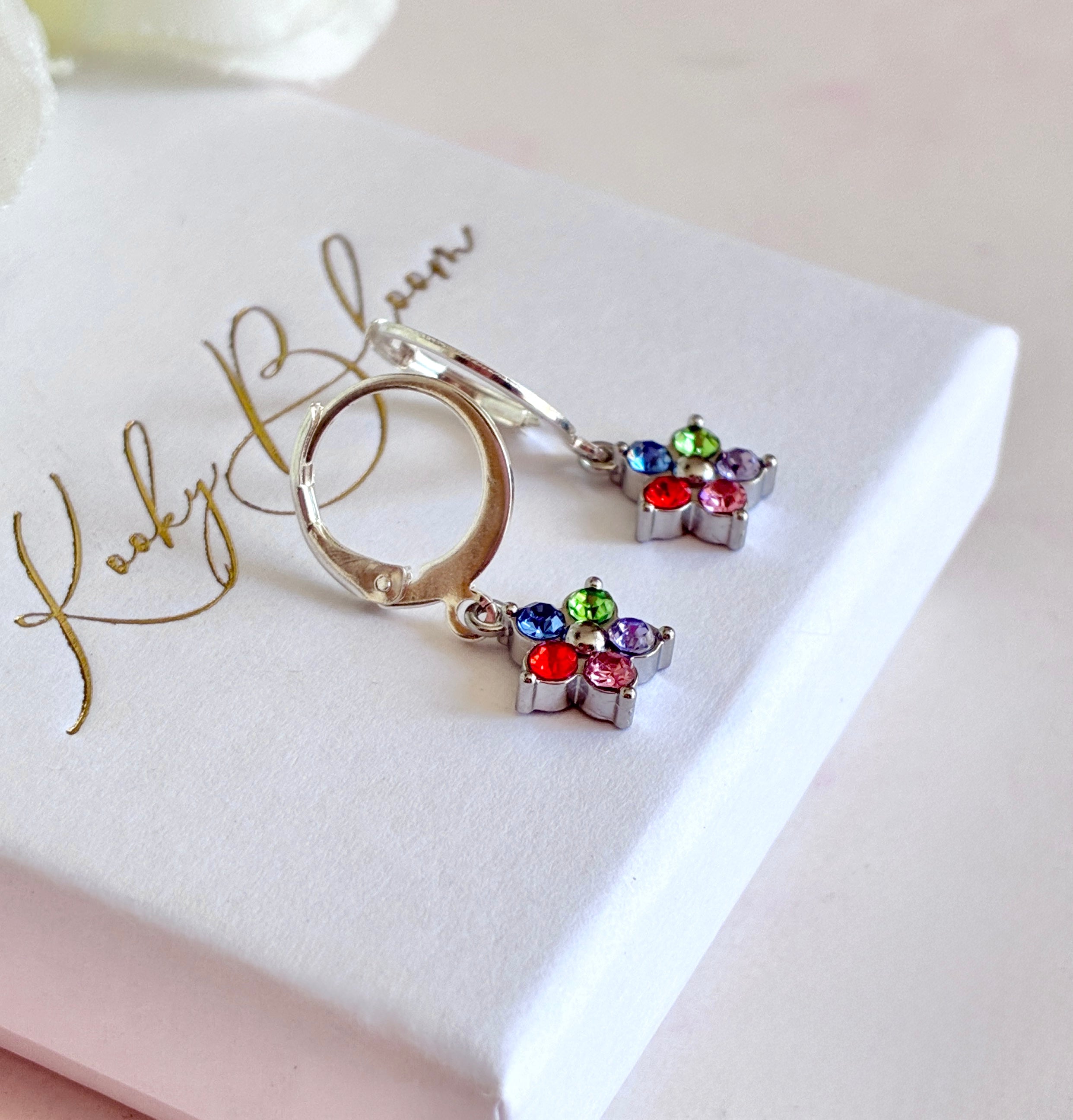 Silver Multicoloured stone Flower huggies