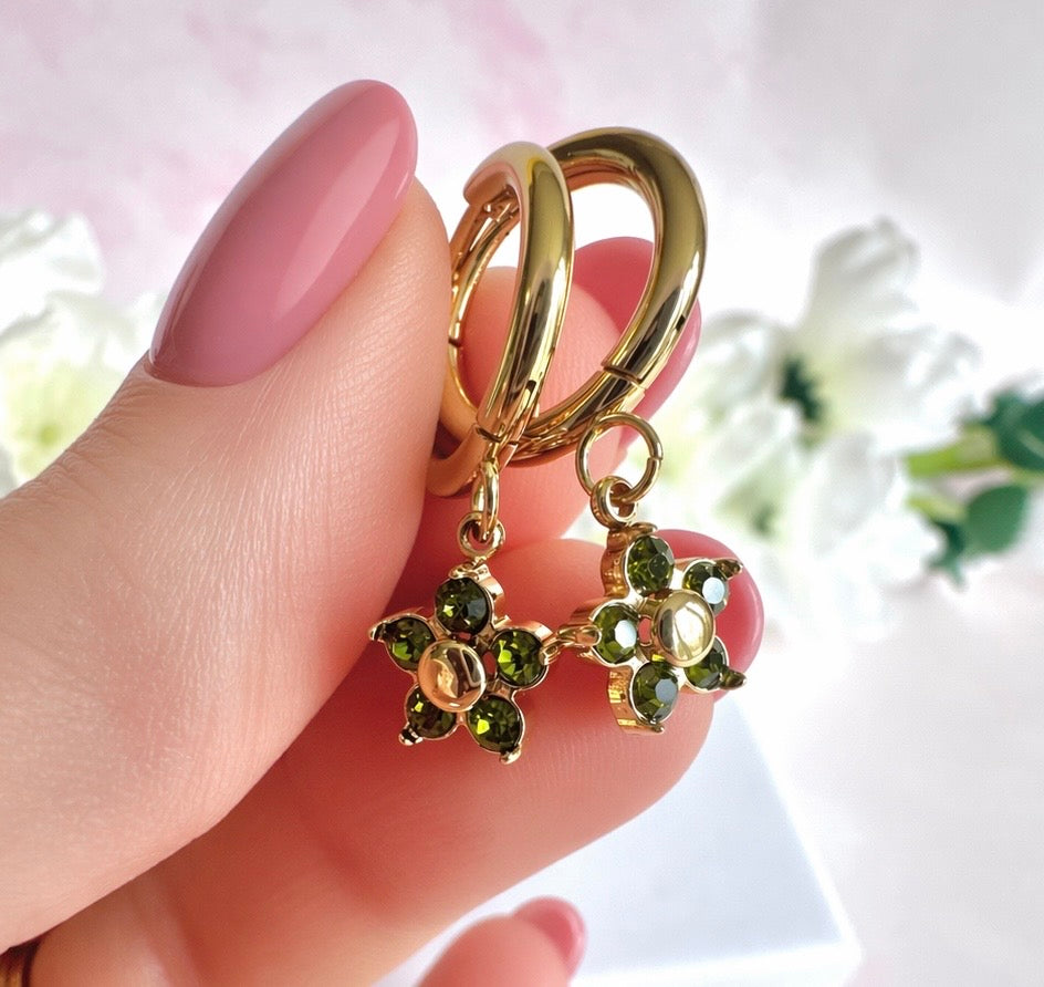 Gold olive green CZ flower huggie hoop earrings
