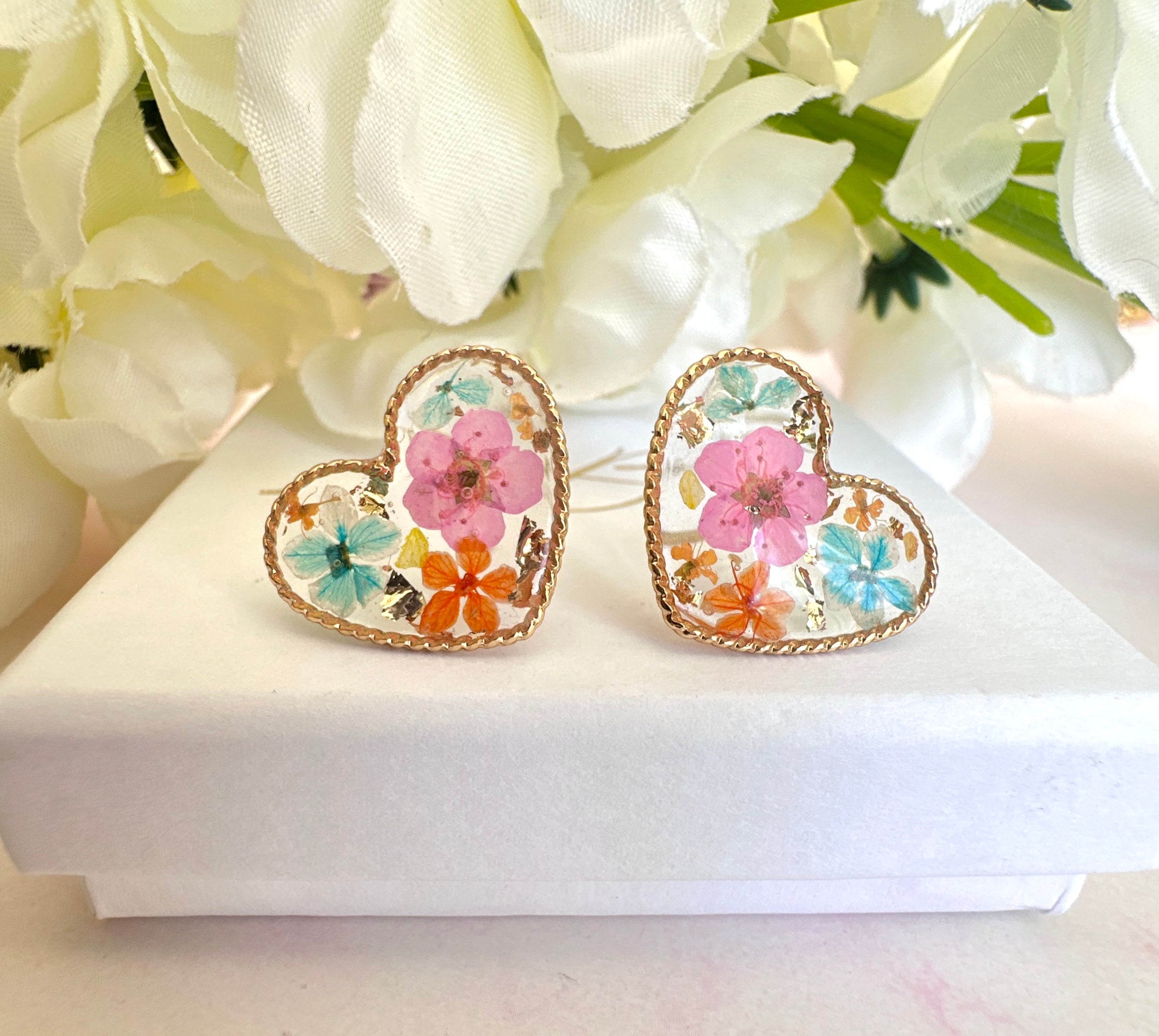 * Limited Edition * Gold pink orange heart stud earrings.