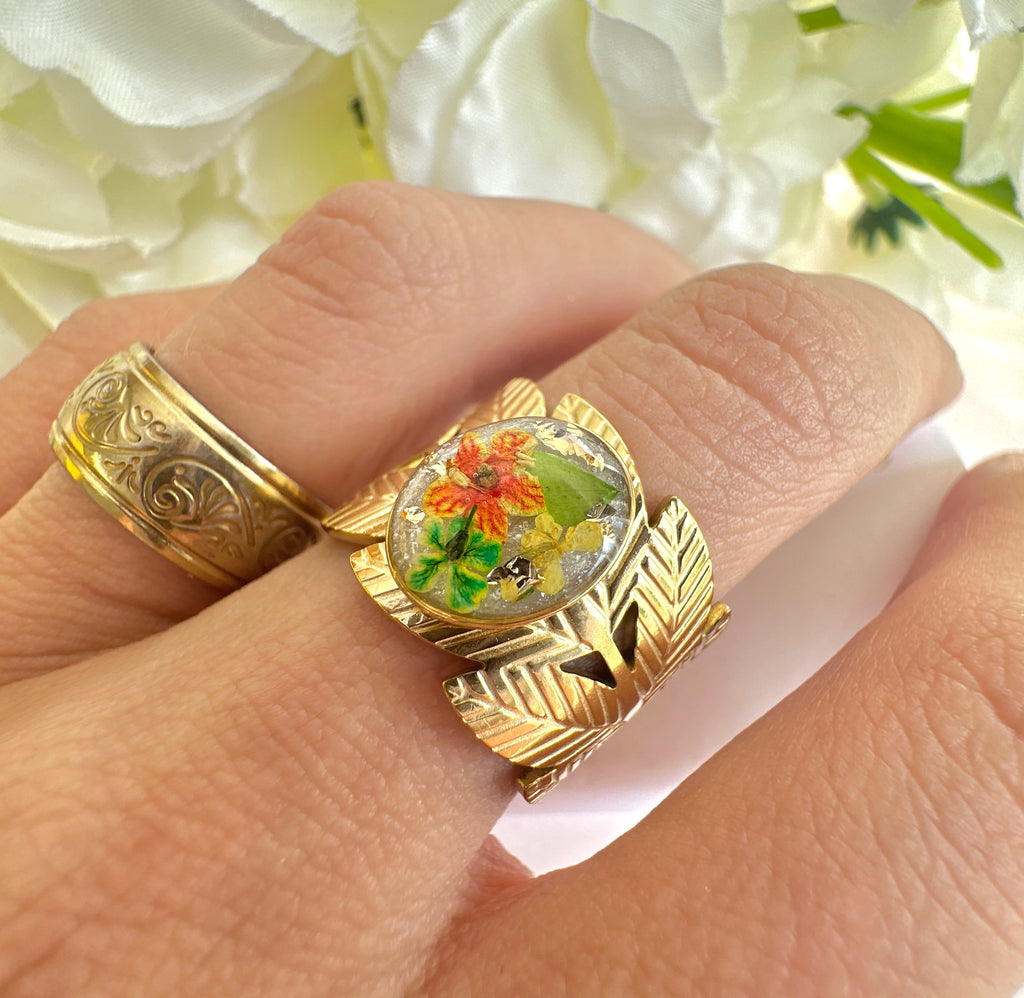 Gold wide Green orange Bloom Leaf cuff ring.