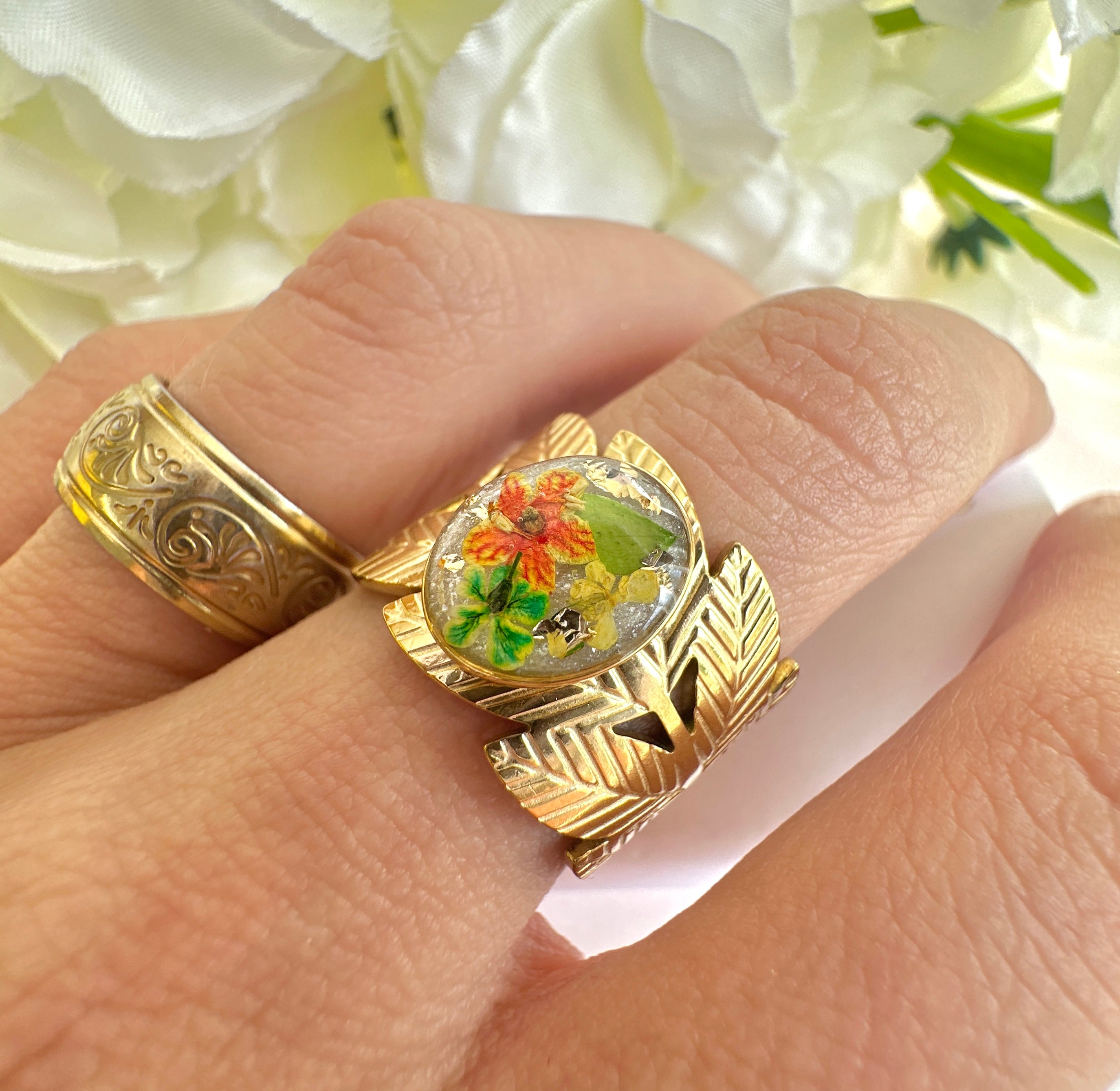 Gold wide Green orange Bloom Leaf cuff ring.