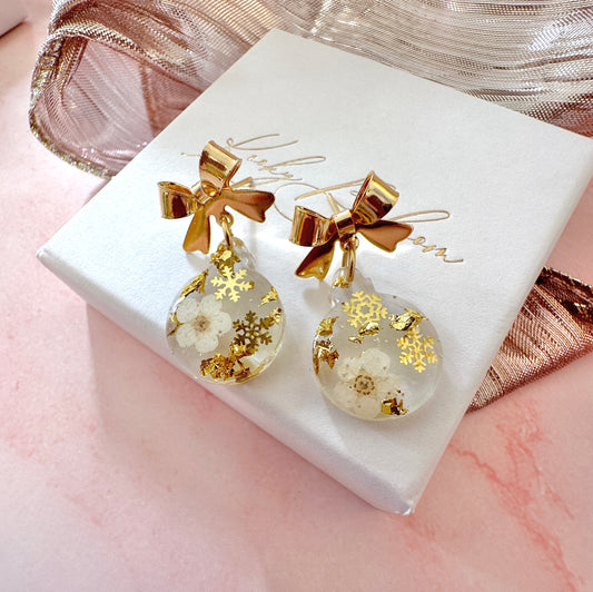 Gold White bloom Bauble Drop earrings.
