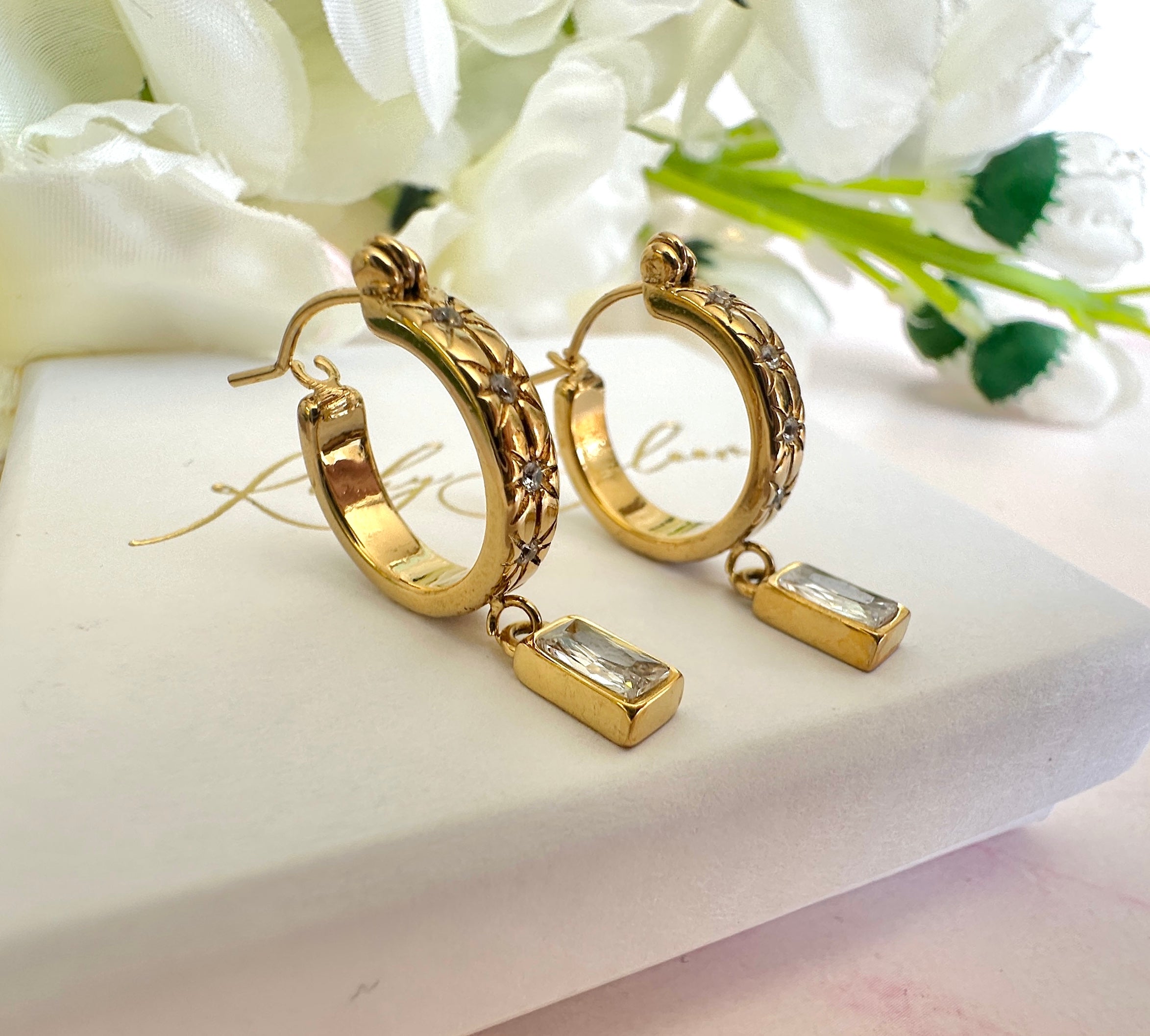 Gold Rectangle drop CZ engraved star Hoop earrings.