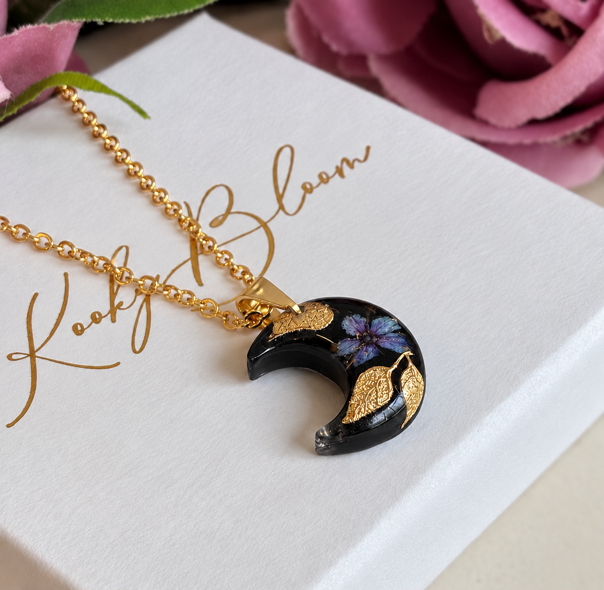 Gold Mystical Dark Moon bloom Necklace.
