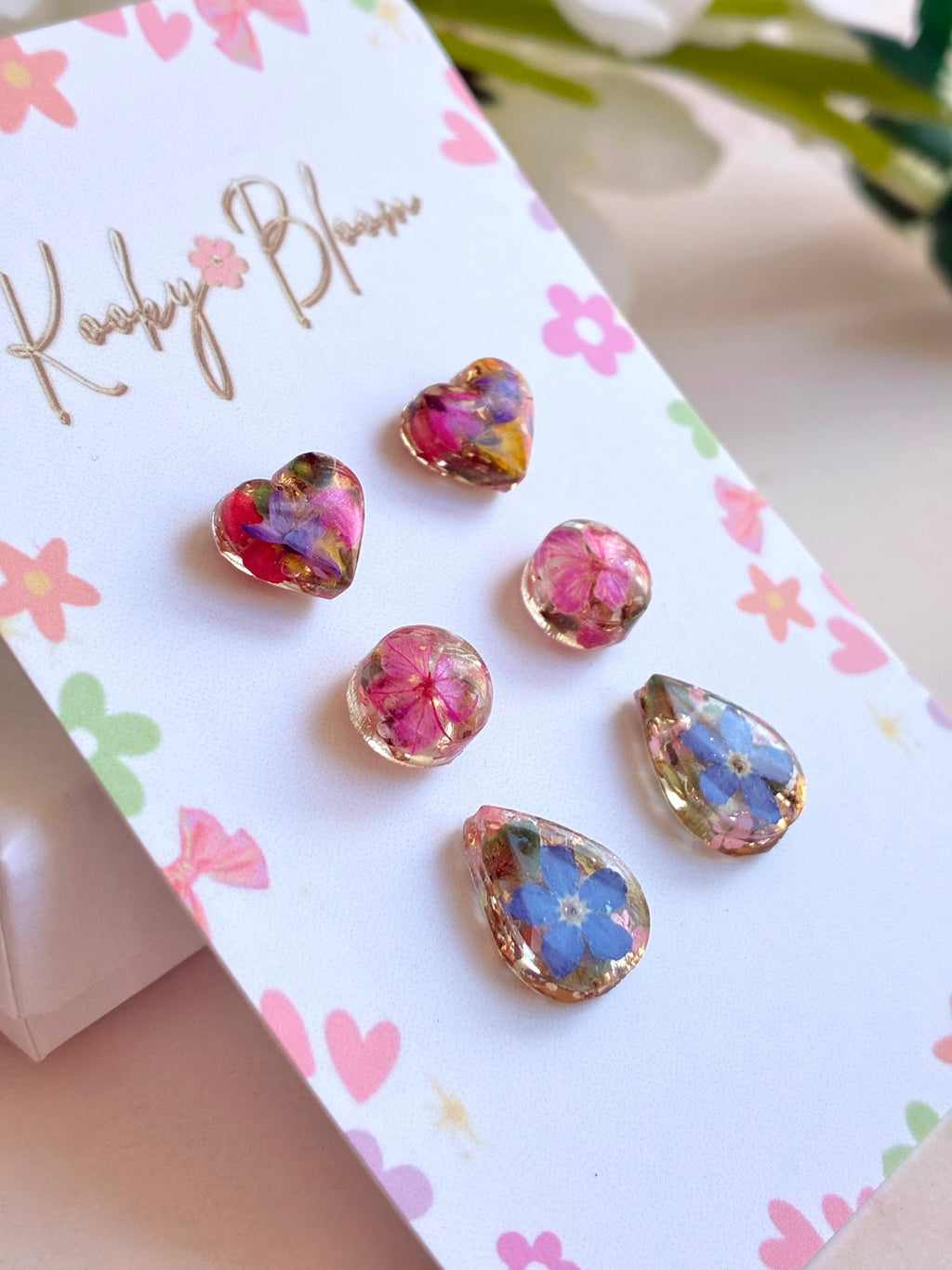 Real flower 3 pack Stud Earrings set.