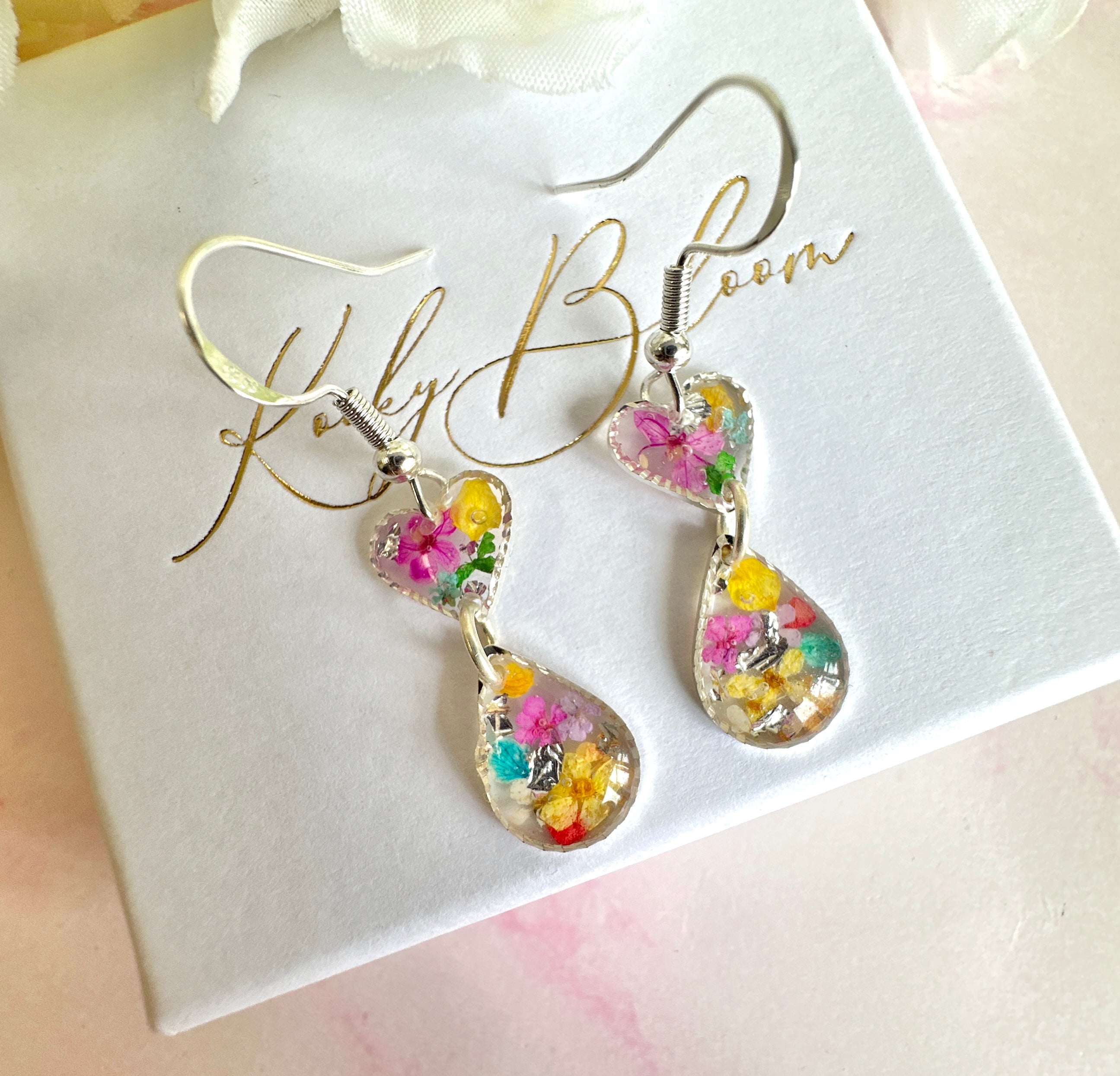 Tiny Rainbow flower heart drop hook earrings.