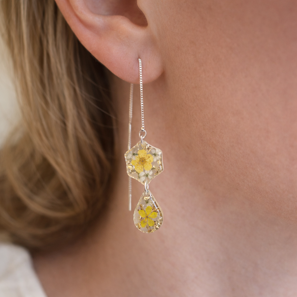 *Limited Edition* Yellow Blossom flower Thread through silver earrings.