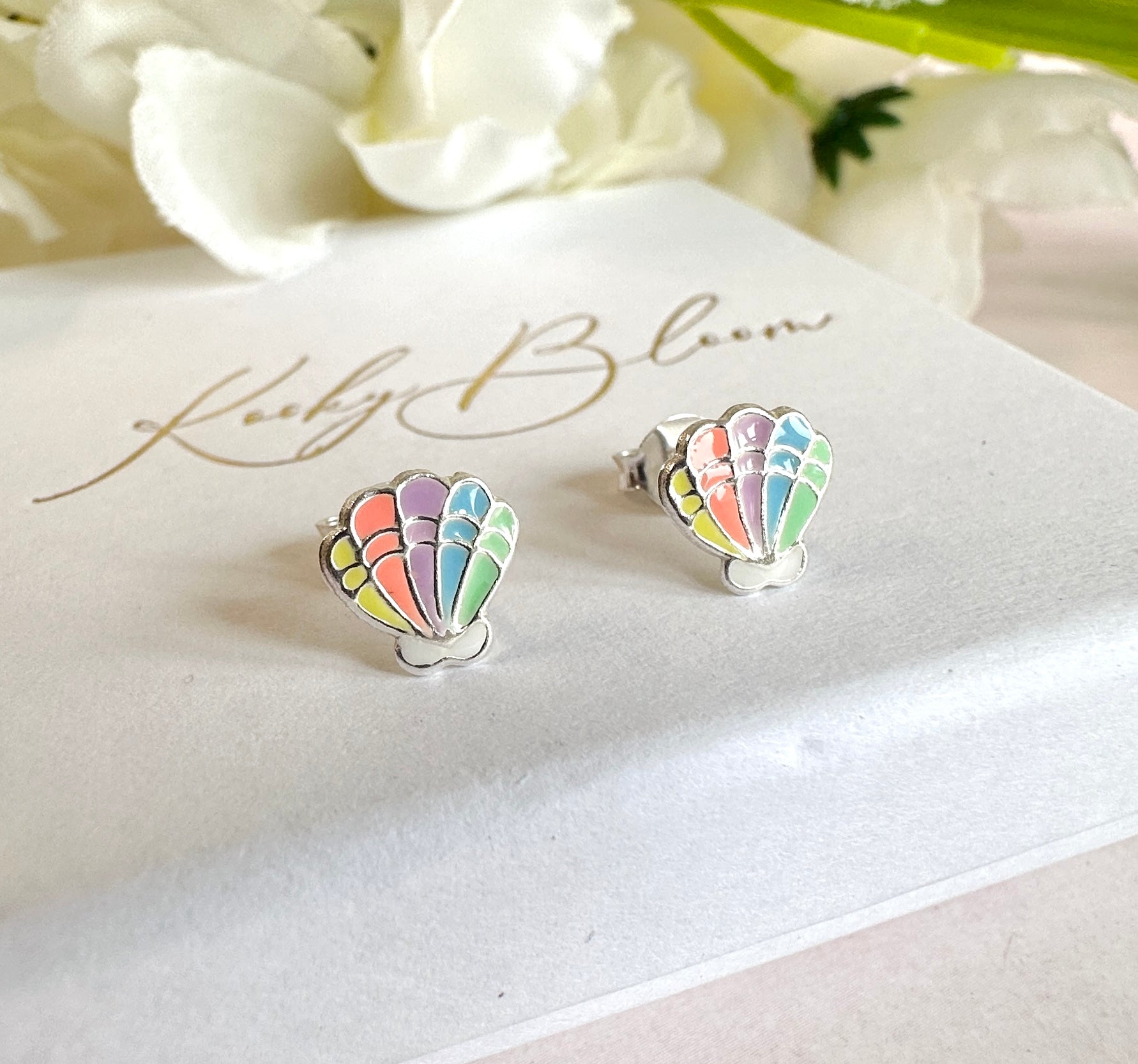 925 sterling silver Pastel Colourful Seashell stud earrings.