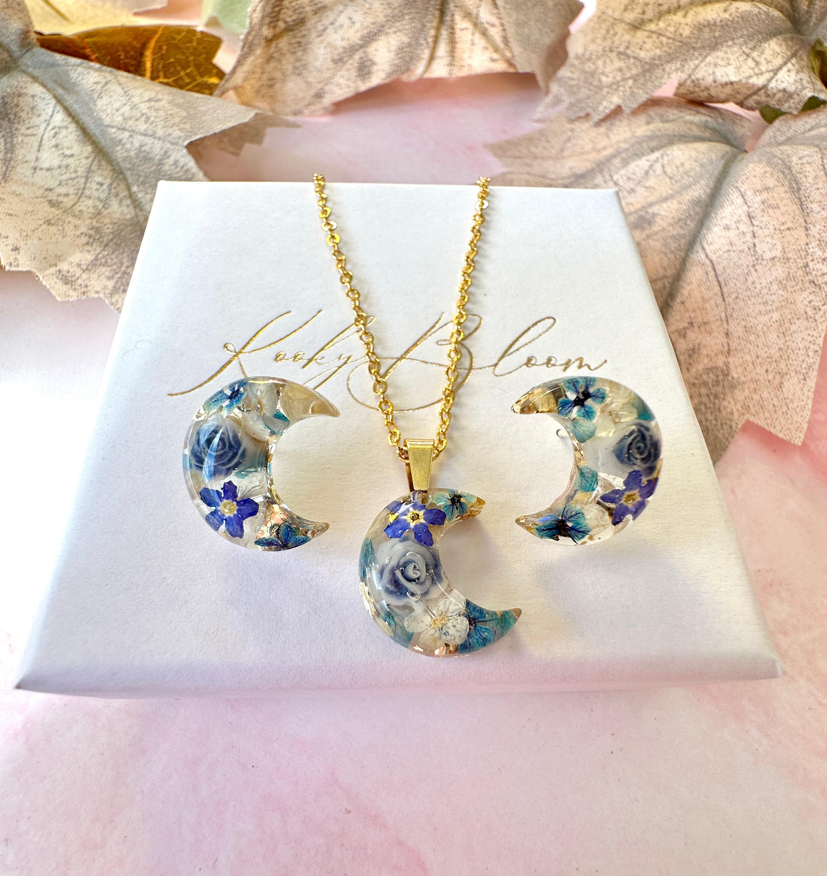 Gold Blue Moon Forget me not flower Necklace