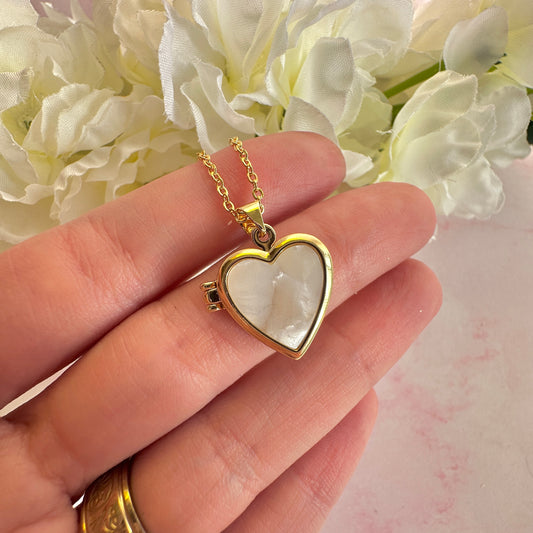 Gold Pearl Shell Heart Locket necklace.