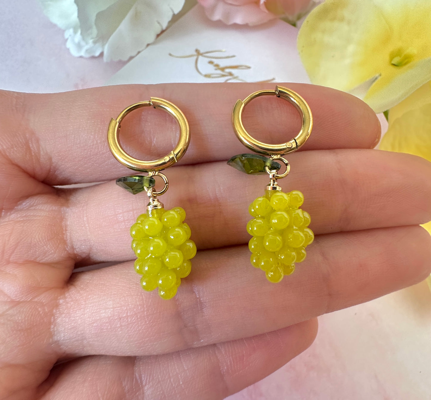 Green grape gold earrings.
