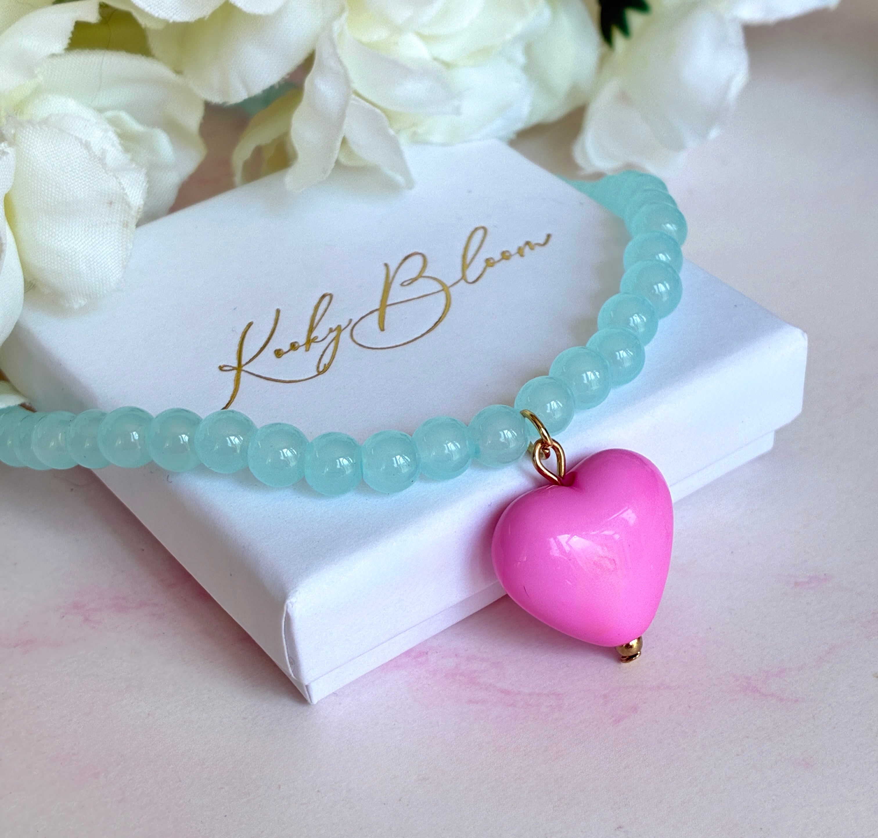 Glass Pale Blue beaded Pink heart necklace.