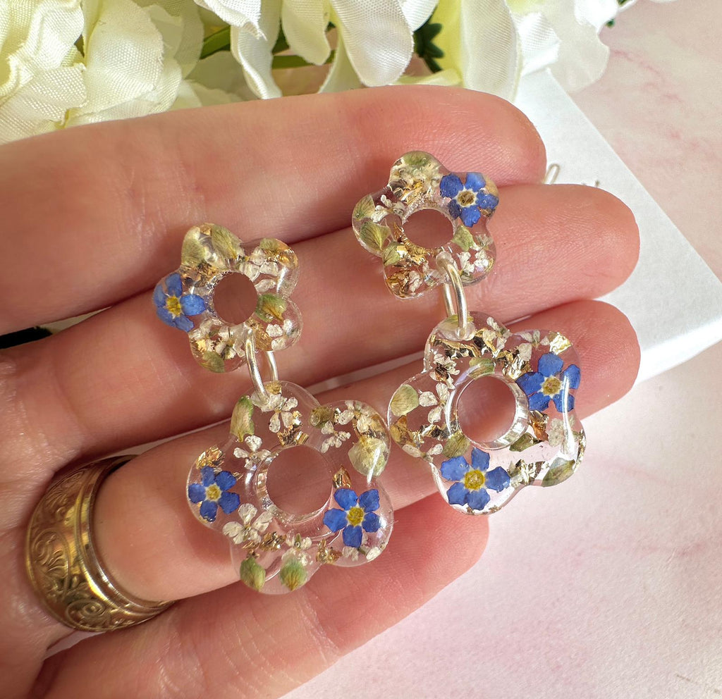 Forget me not Flower Bloom drop stud earrings.