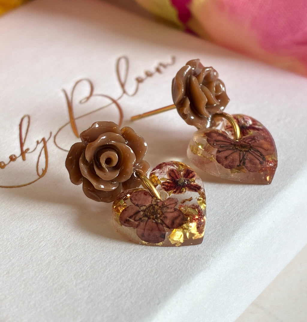 Chocolate Rose Heart Drop Stud Earrings.