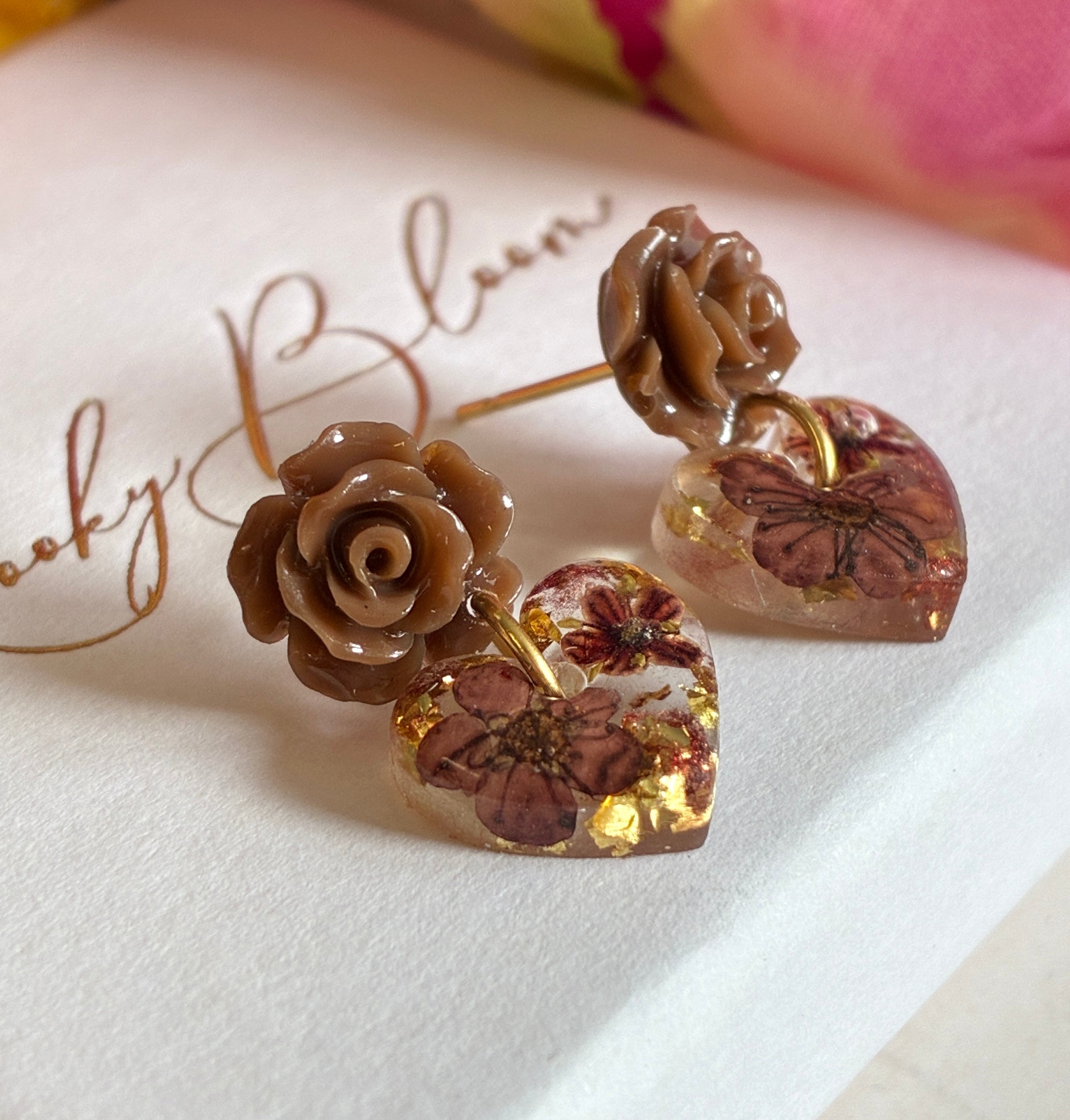Chocolate Rose Heart Drop Stud Earrings.