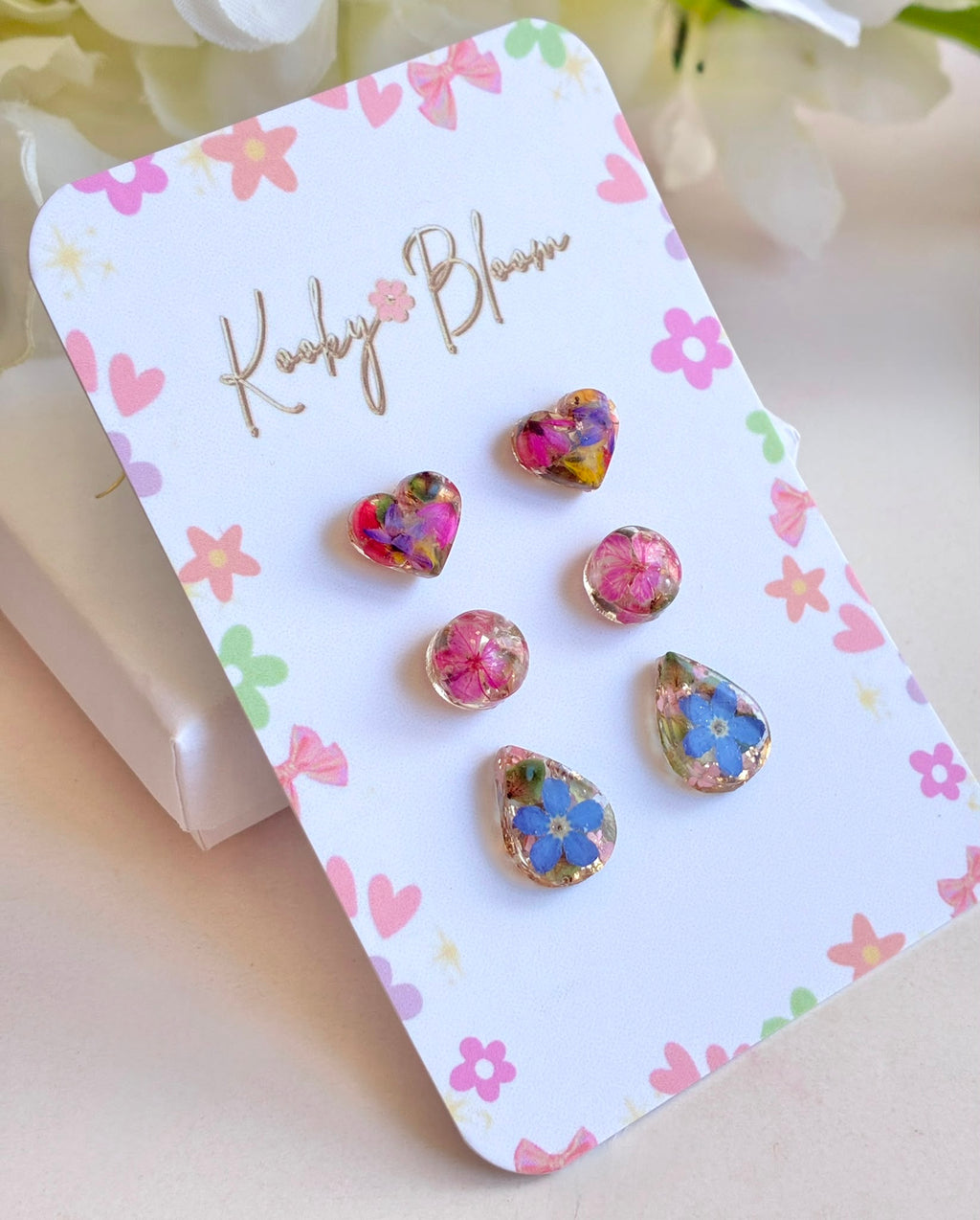 Real flower 3 pack Stud Earrings set.