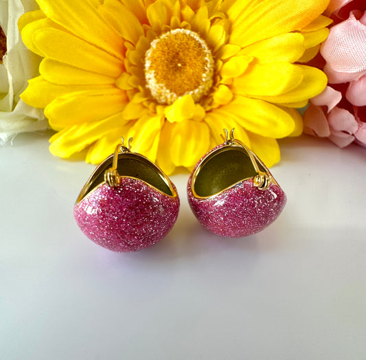 Pink glitter Dome Gold Earrings.