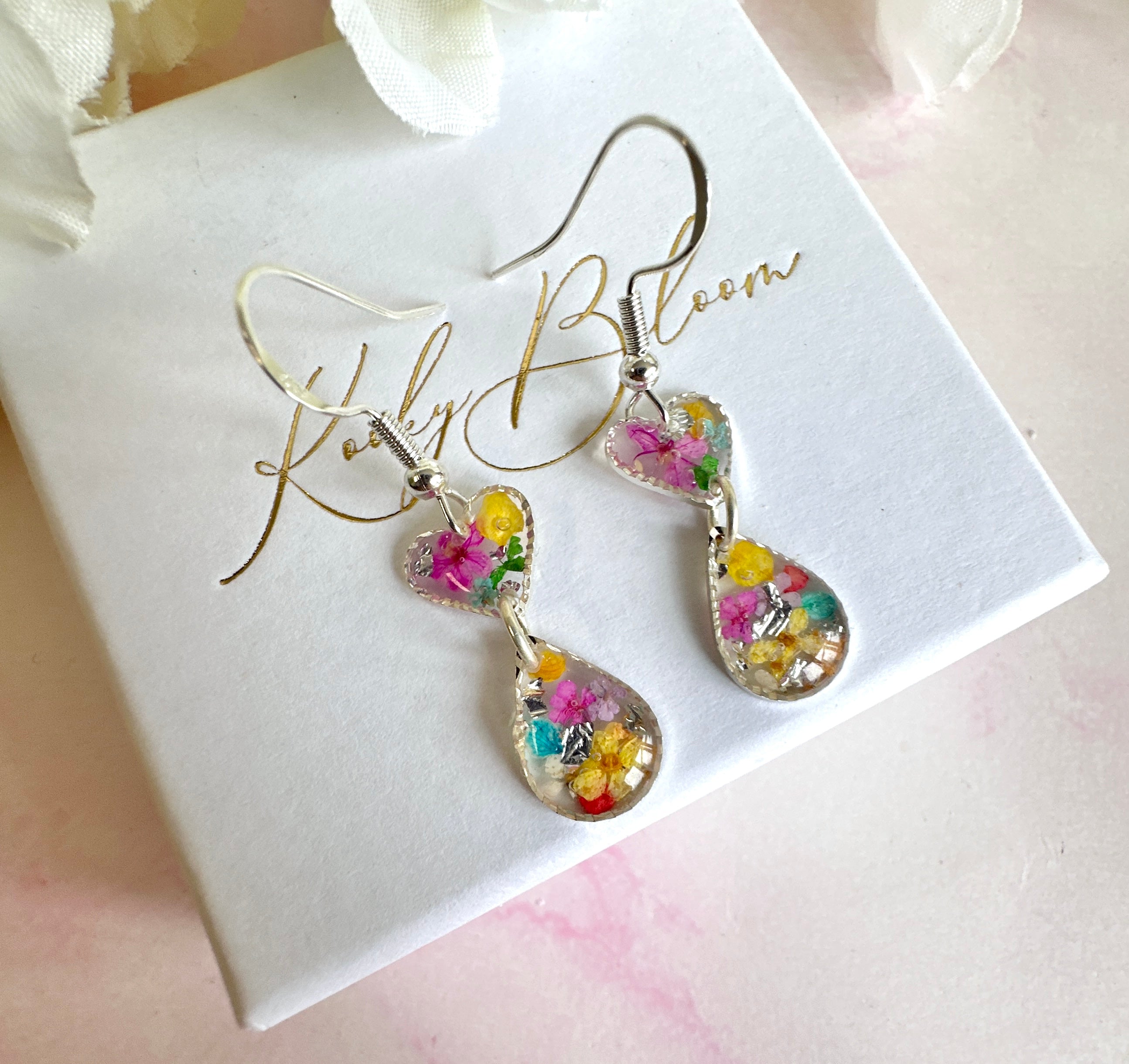 Tiny Rainbow flower heart drop hook earrings.