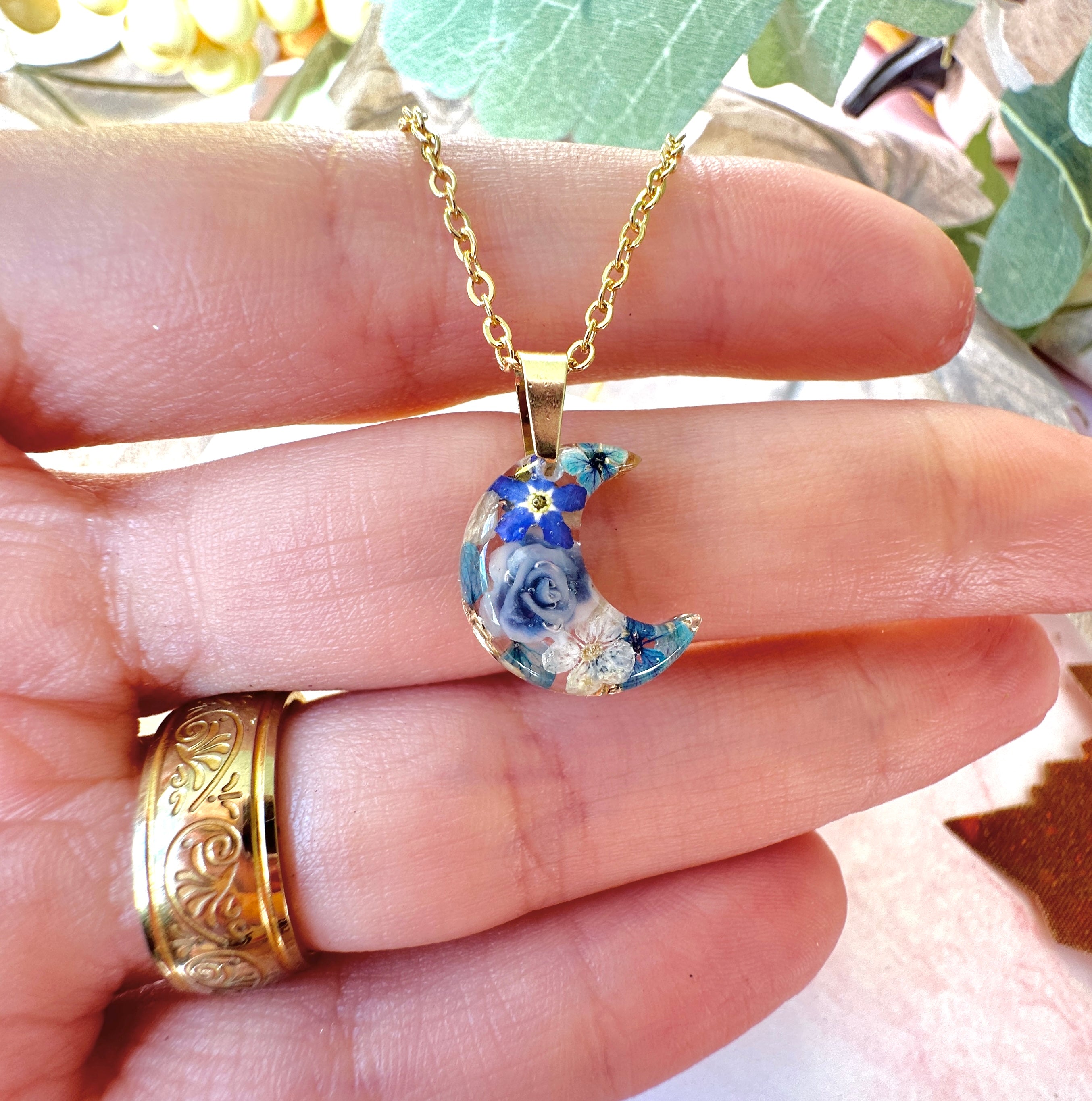 Gold Blue Moon Forget me not flower Necklace