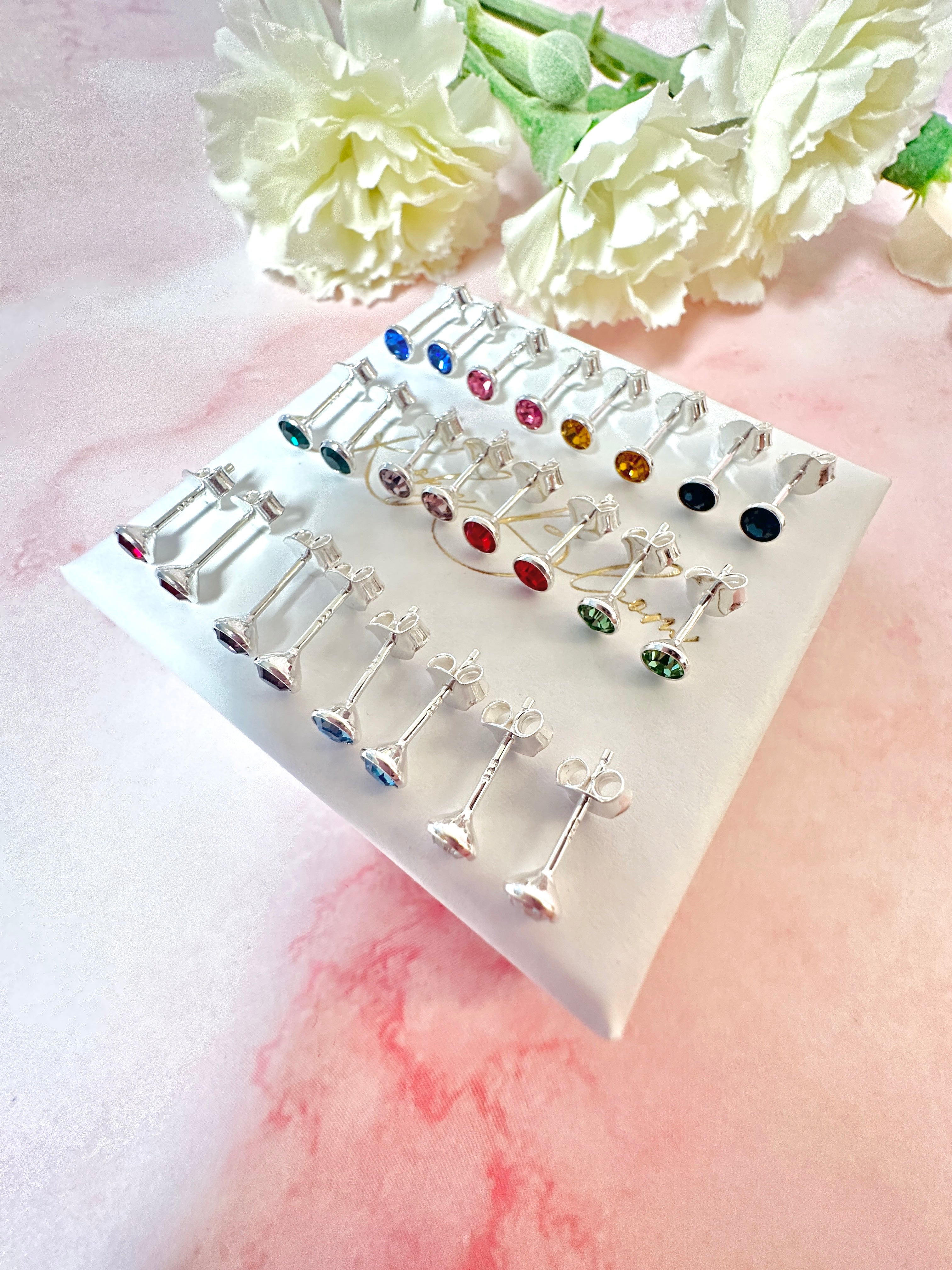 925 sterling Silver BirthStone Birth Month stud earrings.