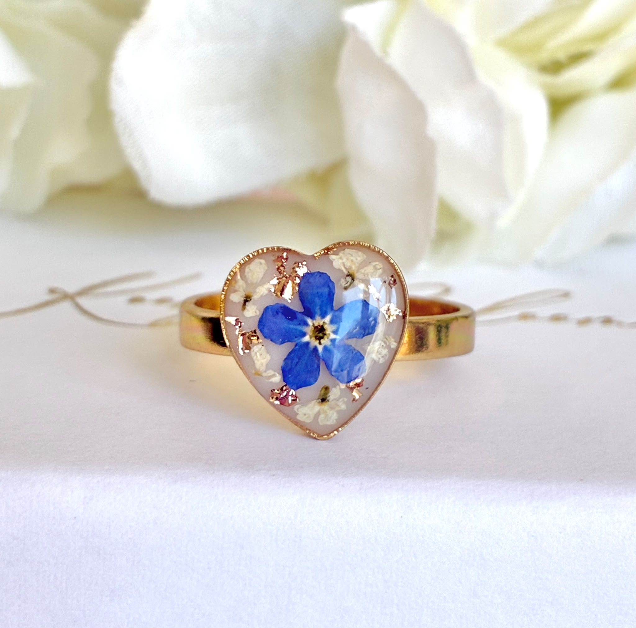 Gold Forget me not flower Heart ring.