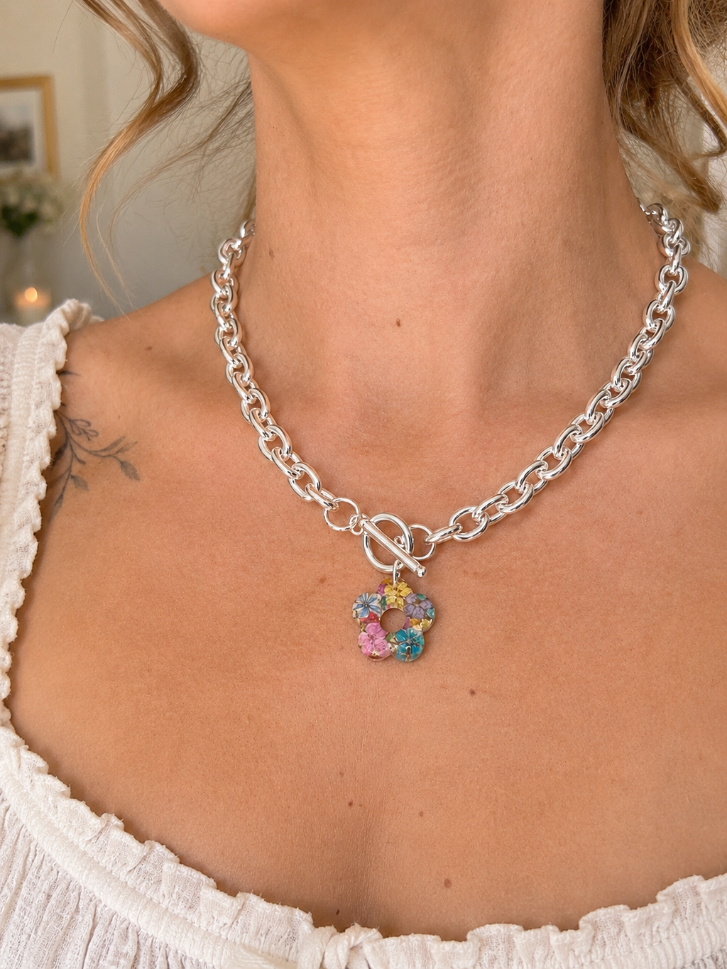 Silver Colourful Bloom flower chunky toggle clasp necklace.