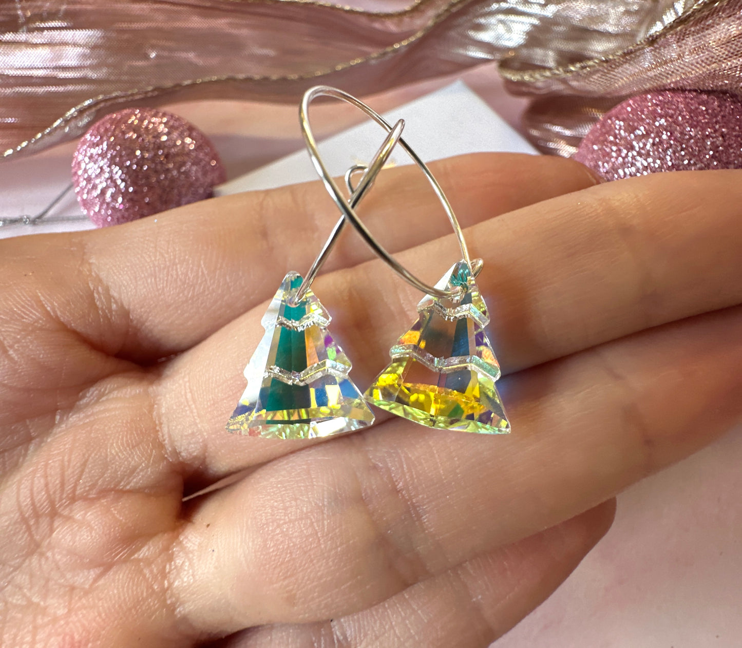 925 sterling Silver iridescent Glass Christmas tree hoop earrings.