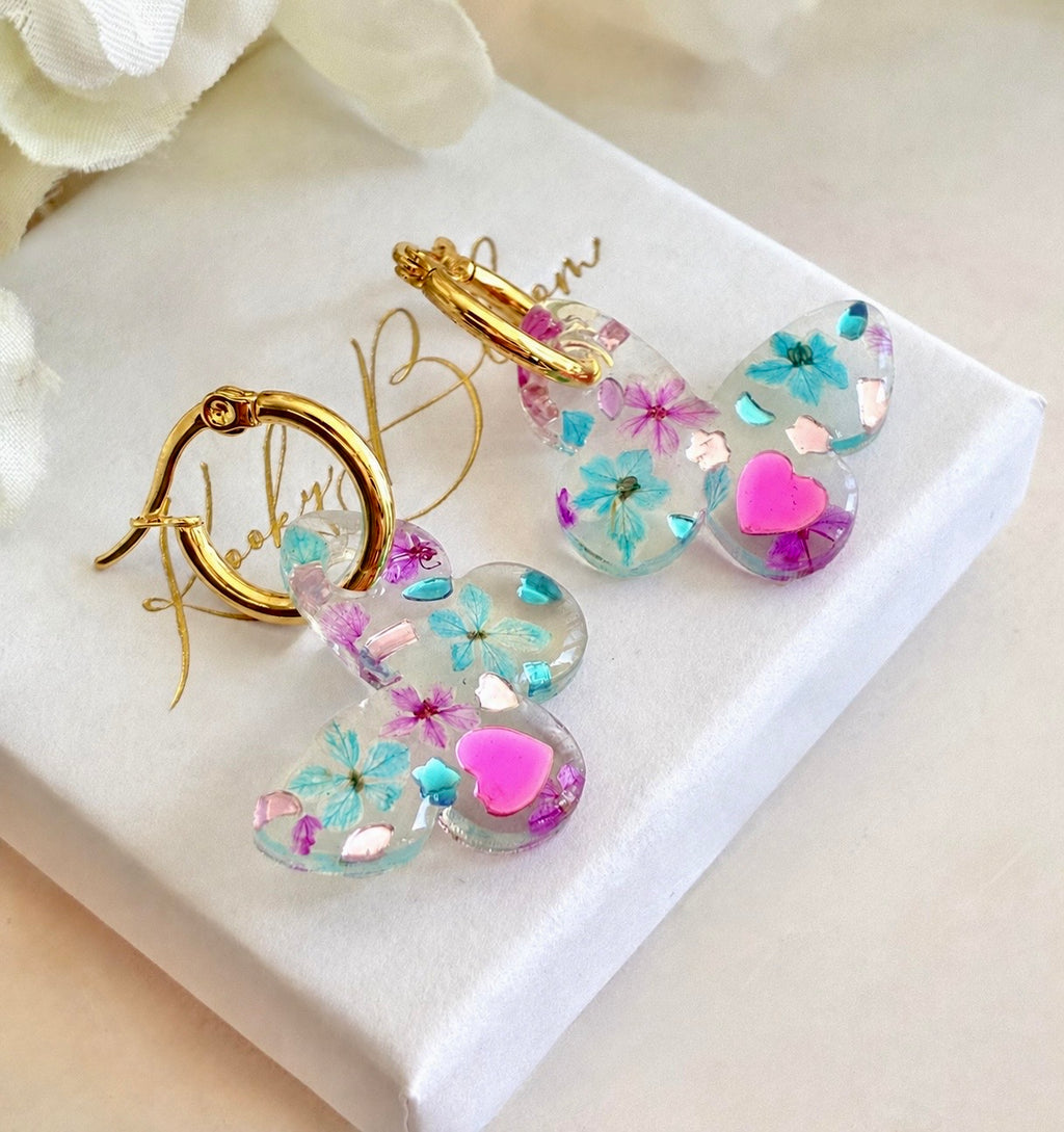 Pink Blue bloom Butterfly hoop earrings.