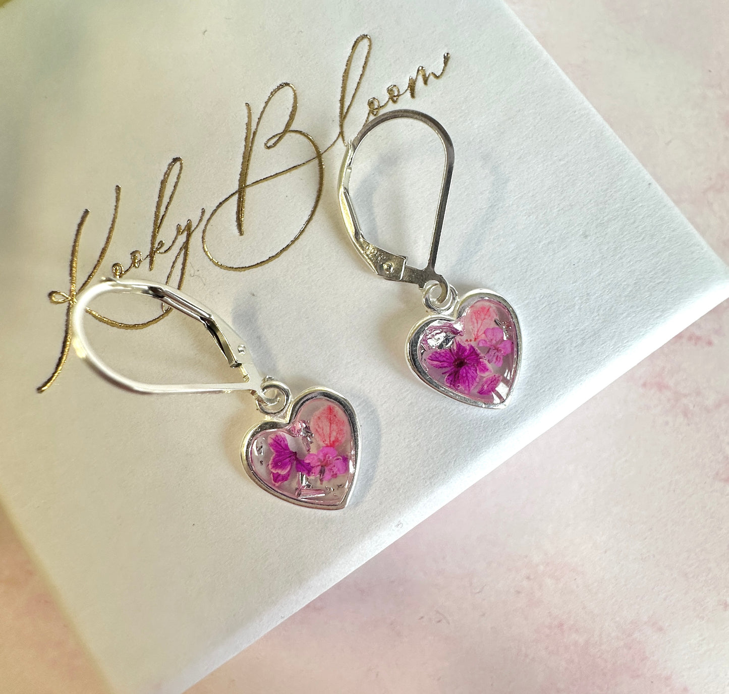 * Limited Edition * 925 sterling silver Pink Petal heart huggie earrings.