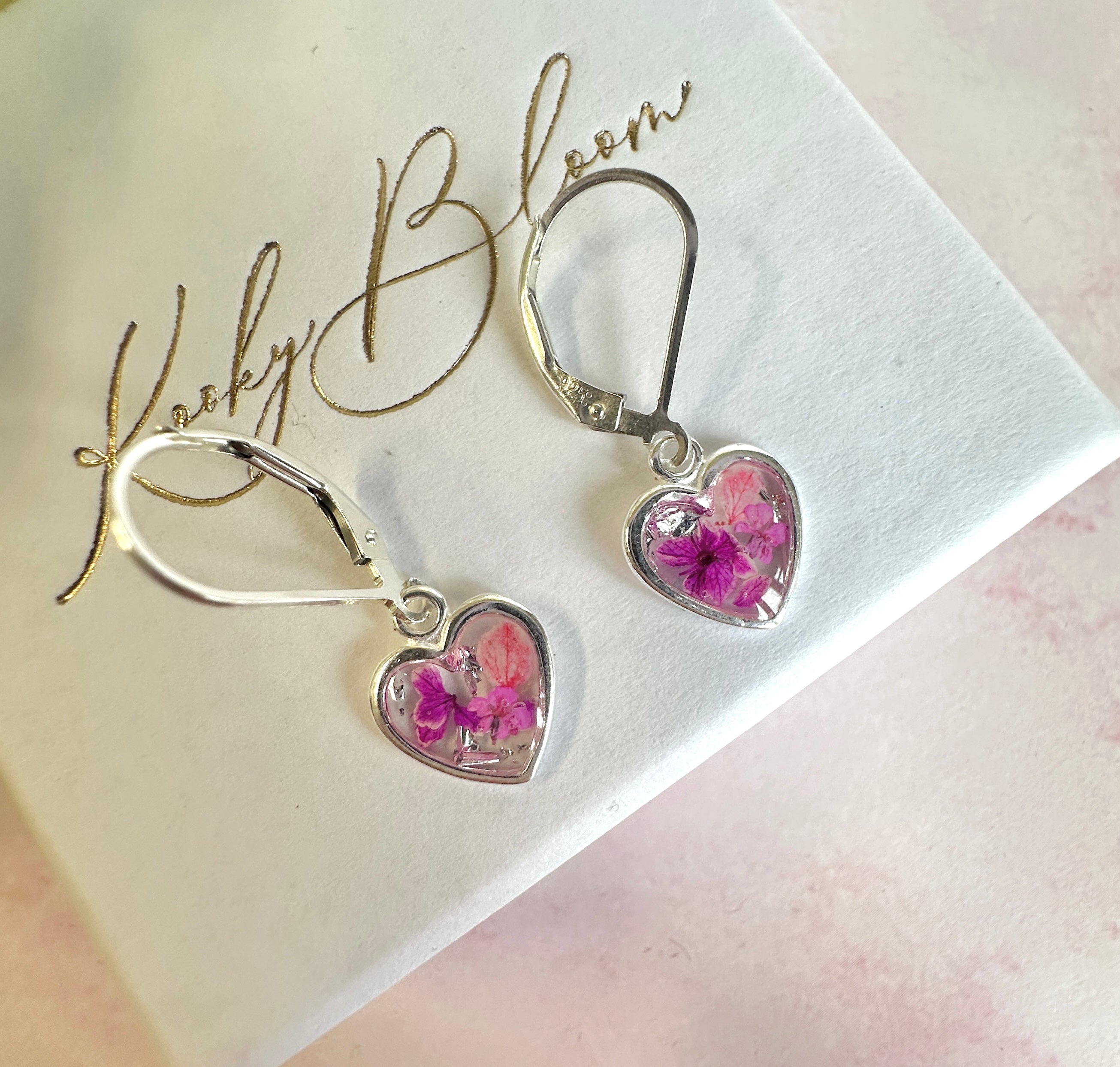 * Limited Edition * 925 sterling silver Pink Petal heart huggie earrings.