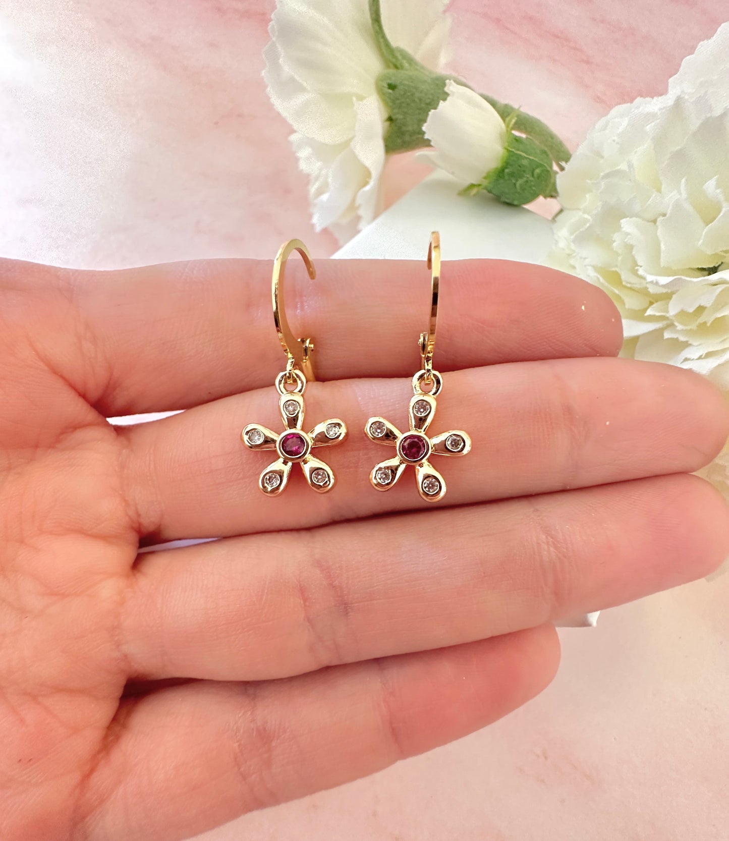 Gold Pink stone Flower huggie hoop earrings.