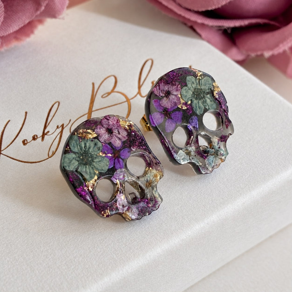Mini Nightshade bloom Skull stud earrings
