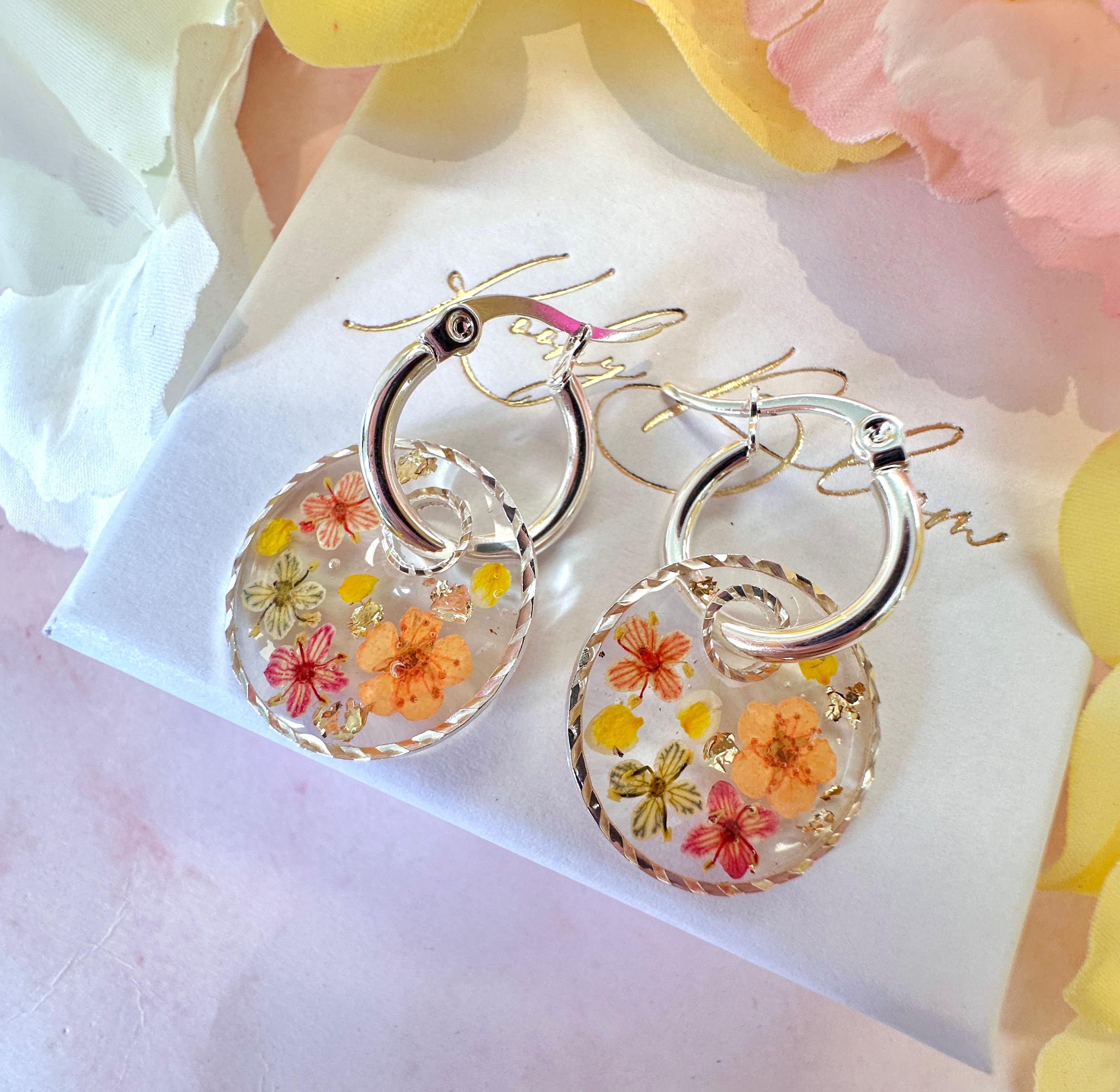 Tutti Frutti Bloom disc silver hoop Earrings.