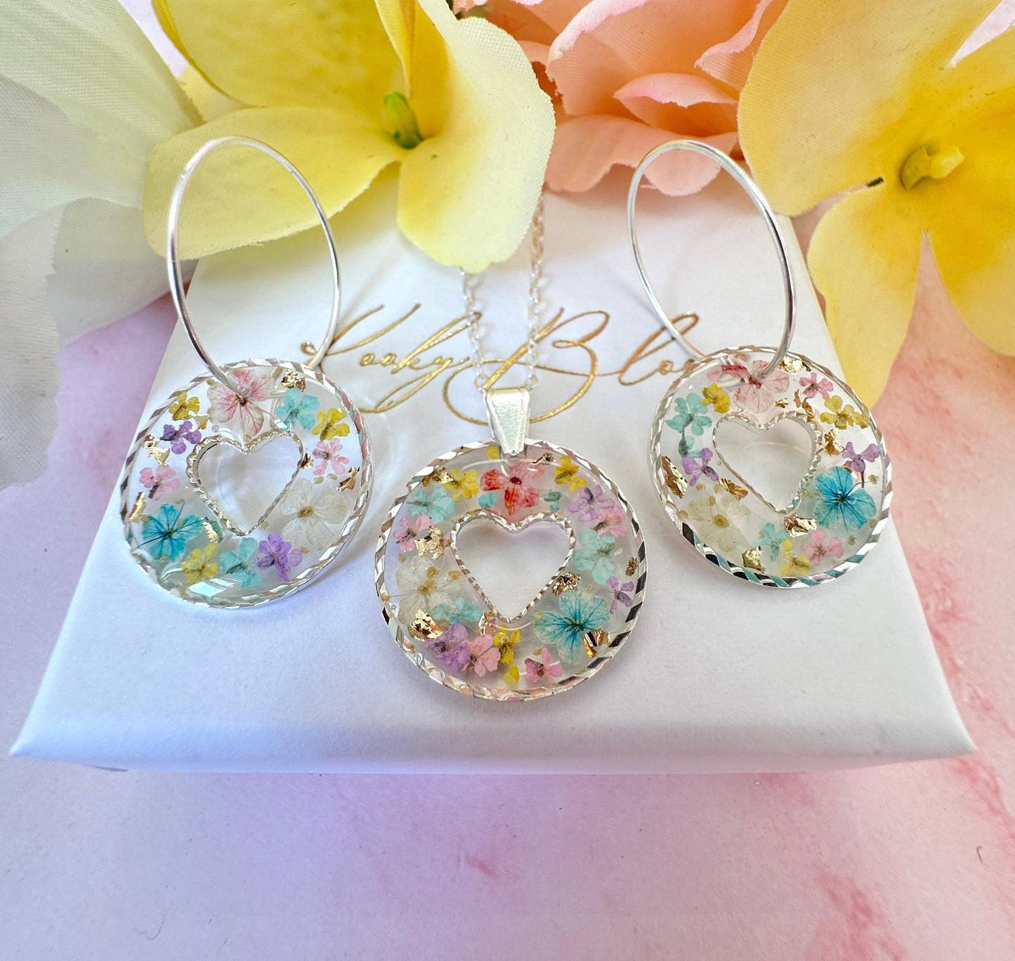 Silver Pastel confetti flower Heart necklace.