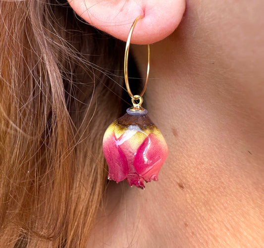Preserved Red Pink Rose Bud gold Hoop earrings.