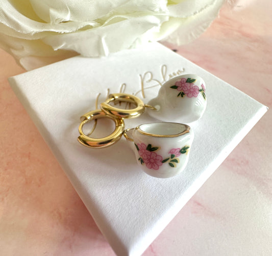 Pink Floral ceramic Teacup earrings.