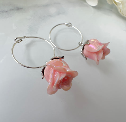 925 sterling silver Pale Pink Iridescent Rose Hoop earrings.