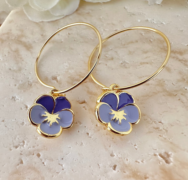 Lilac Viola flower Gold Hoop earrings.